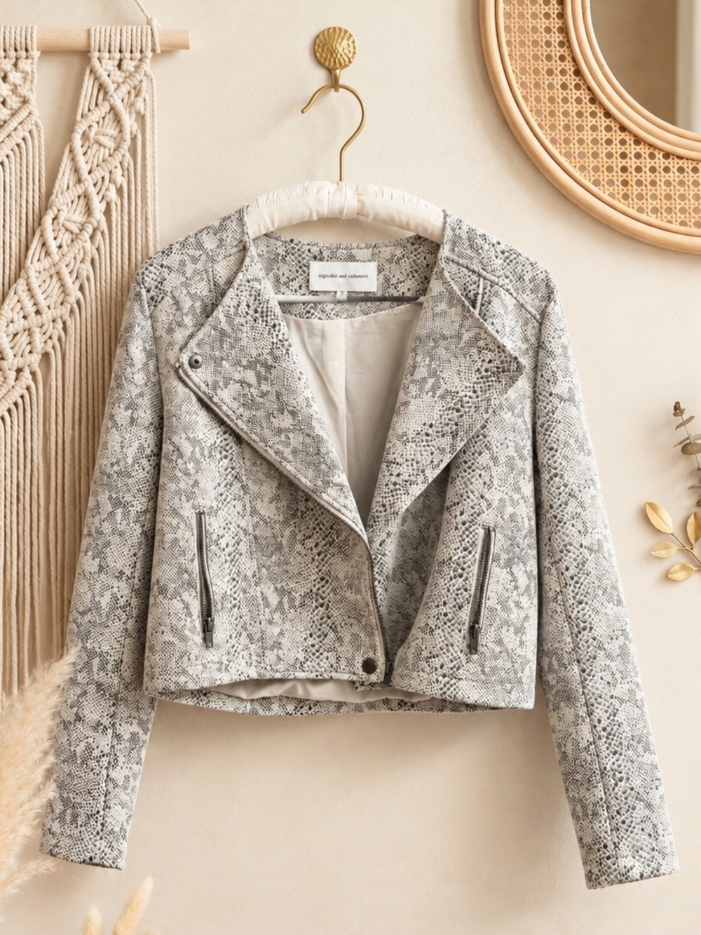 Cupcakes & Cashmere Gray Snake-Print Cropped Moto Jacket